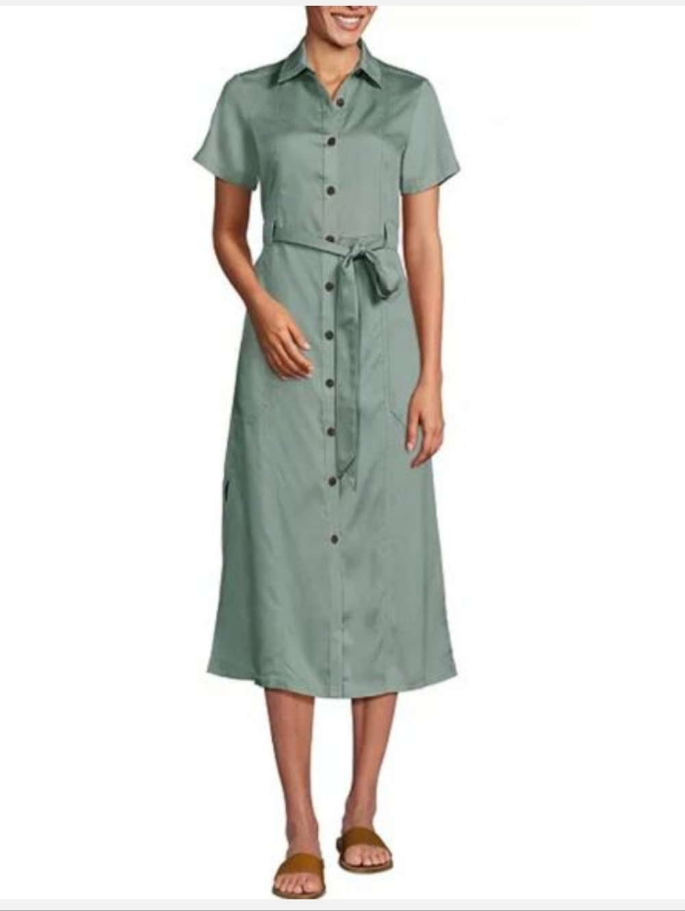 NWT Lands' End Light Sage Button-Front Belted Shirt Dress with Tie Waist, 2X